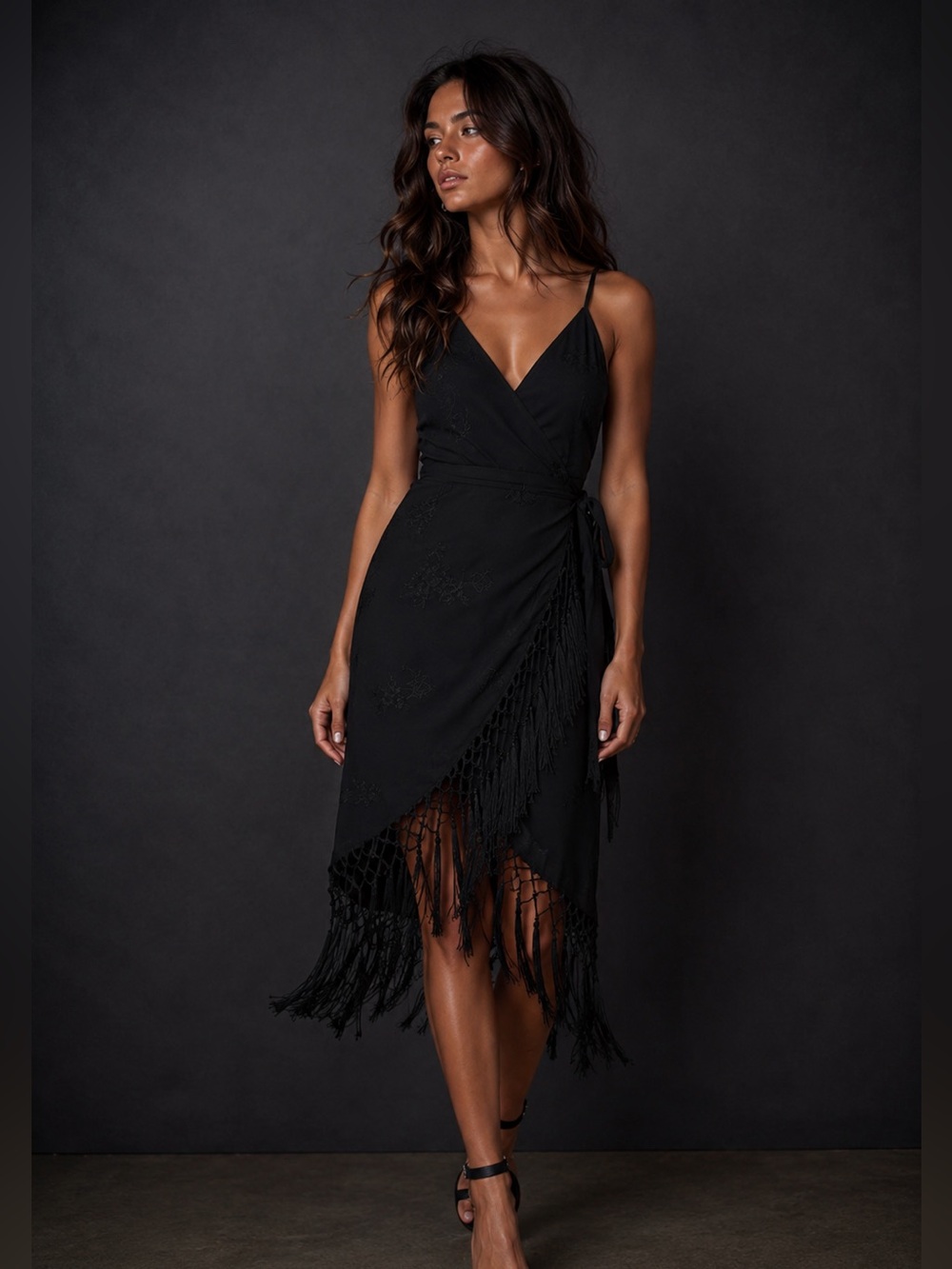 Function & Fringe Edit | Lulus Fringe Wrap Midi Dress Noir